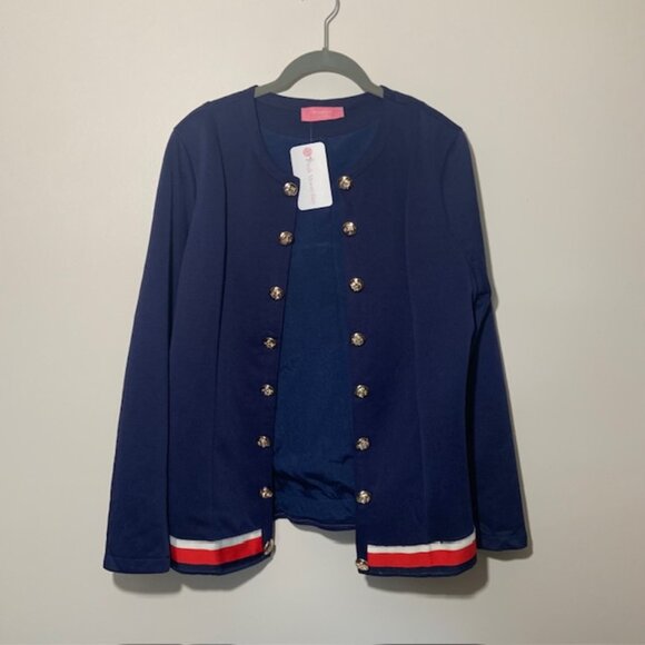 NWT Inspired Women's Navy Blue Gold Button Open Front Band Blazer - Size M - Picture 1 of 6